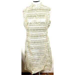 Laigion Dress Sz M Gold Lame Textured Aztec Print Pockets Zip Back Vintage